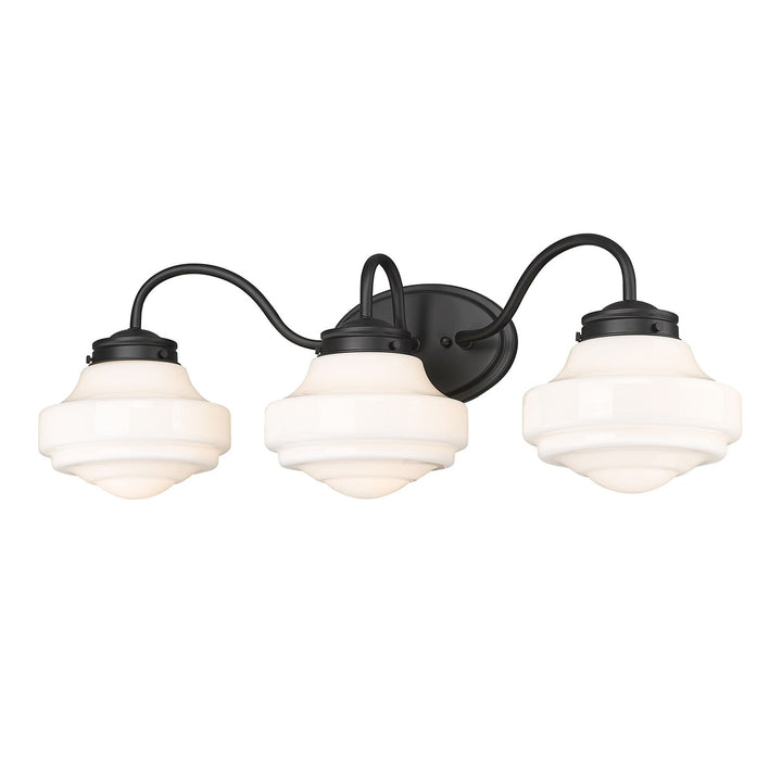 3 Light Bath Vanity In Matte Black With Vintage Milk Glass Shade