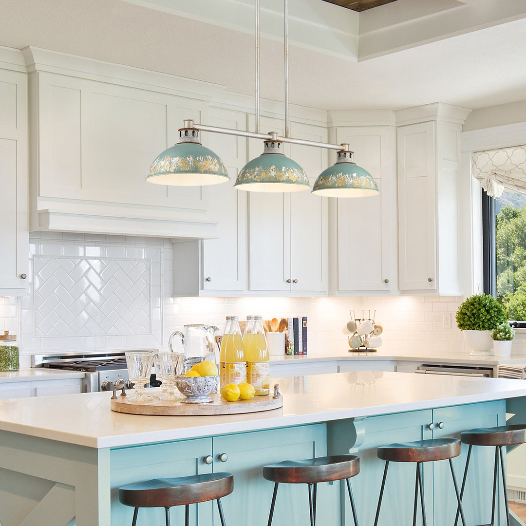 Linear Pendant In Aged Galvanized Steel With Antique Teal Shade