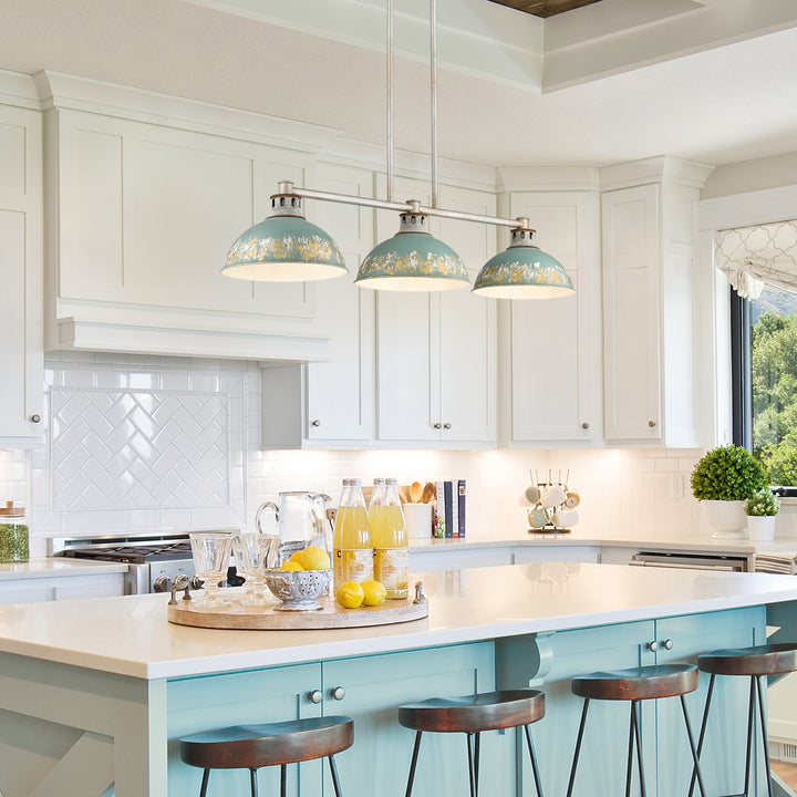 Linear Pendant In Aged Galvanized Steel With Antique Teal Shade