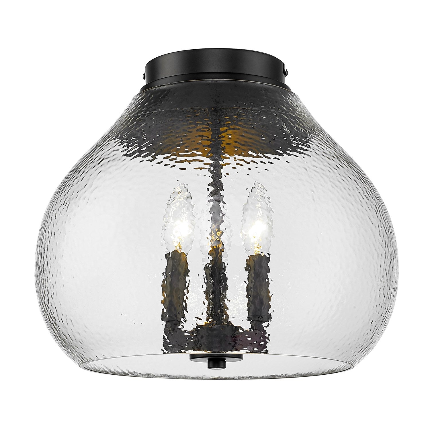 Blk 3 Light Flush Mount In Matte Black With Hammered Clear Glass Shade by Golden