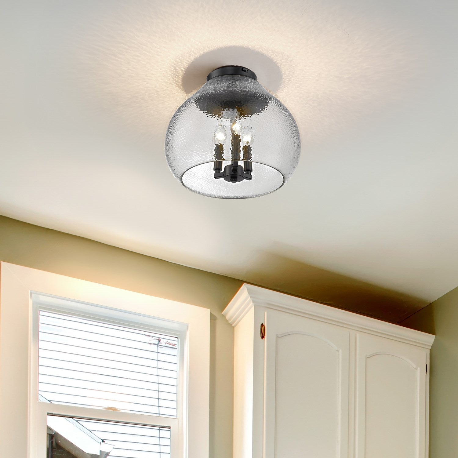 Blk 3 Light Flush Mount In Matte Black With Hammered Clear Glass Shade