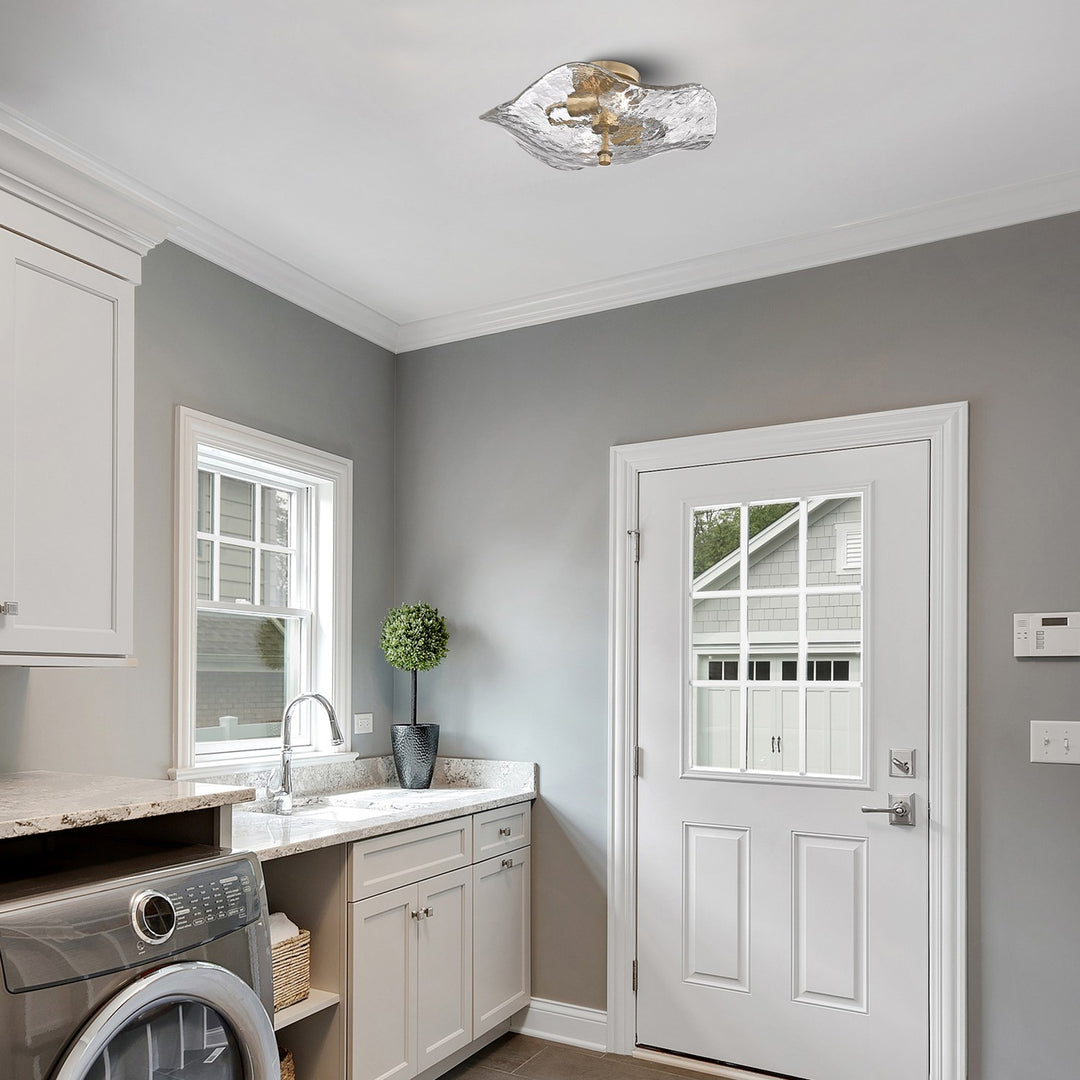 Mbs 2 Light Semi-Flush In Modern Brass With Hammered Water Glass Shade