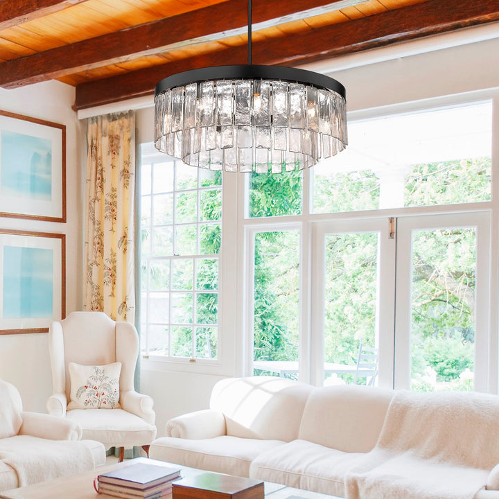 Blk 9 Light Chandelier In Matte Black With Hammered Water Glass Shade