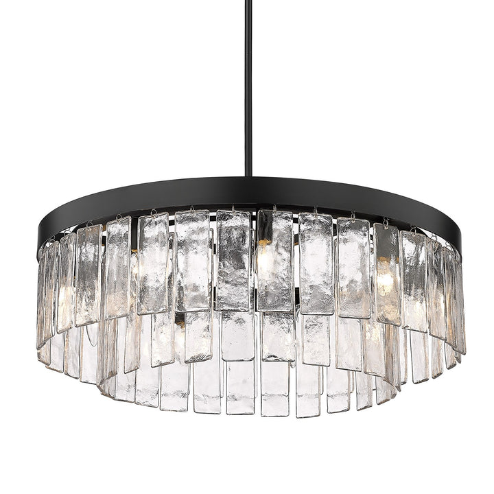 Blk 9 Light Chandelier In Matte Black With Hammered Water Glass Shade