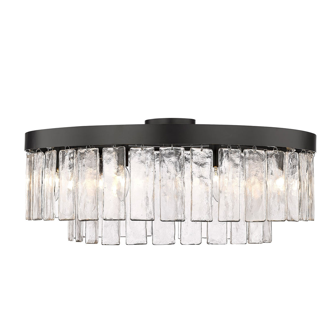 Blk 9 Light Semi-Flush In Matte Black With Hammered Water Glass Shade