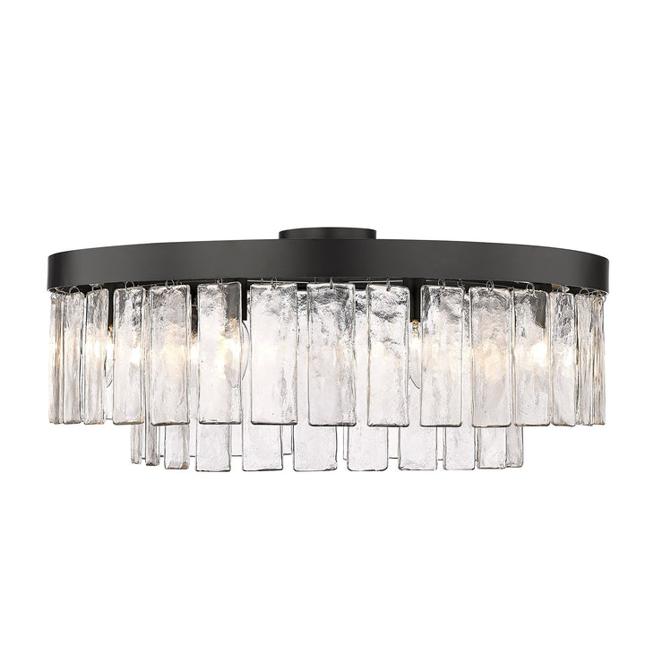 Blk 9 Light Semi-Flush In Matte Black With Hammered Water Glass Shade