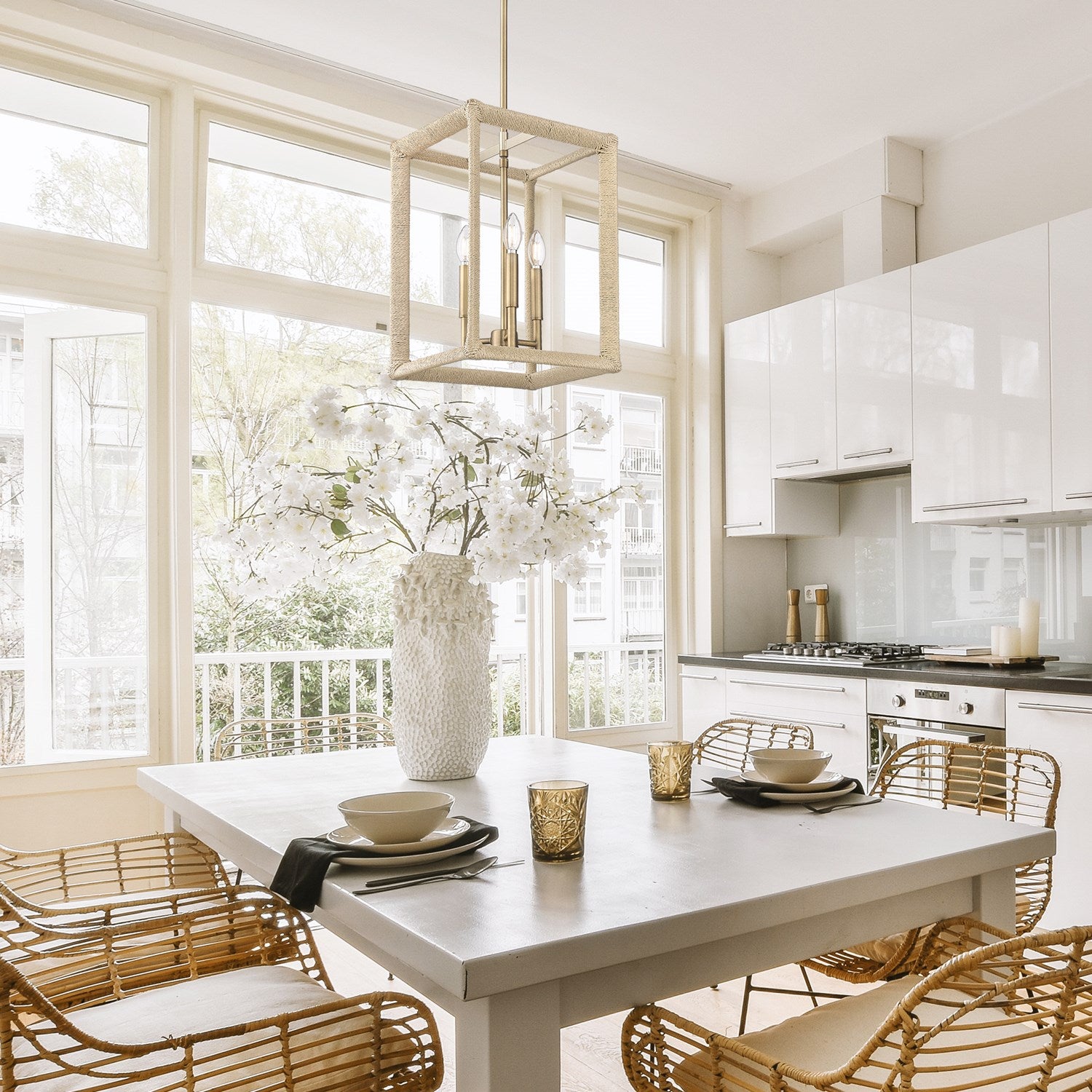 3 Light Pendant In Modern Brass With Light Natural Rattan Accents