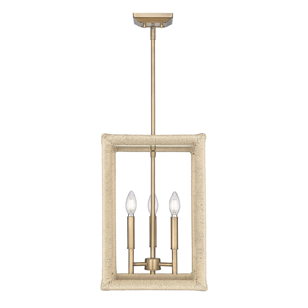 3 Light Pendant In Modern Brass With Light Natural Rattan Accents