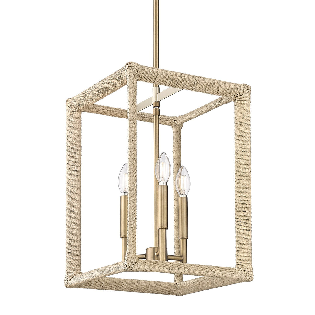 3 Light Pendant In Modern Brass With Light Natural Rattan Accents