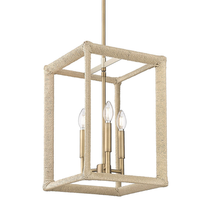 3 Light Pendant In Modern Brass With Light Natural Rattan Accents