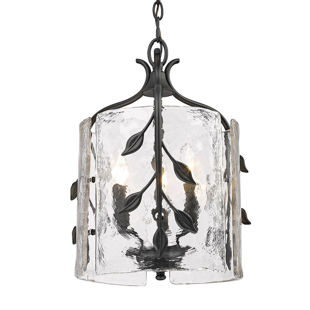 3 Light Pendant In Natural Black With Hammered Water Glass Shade