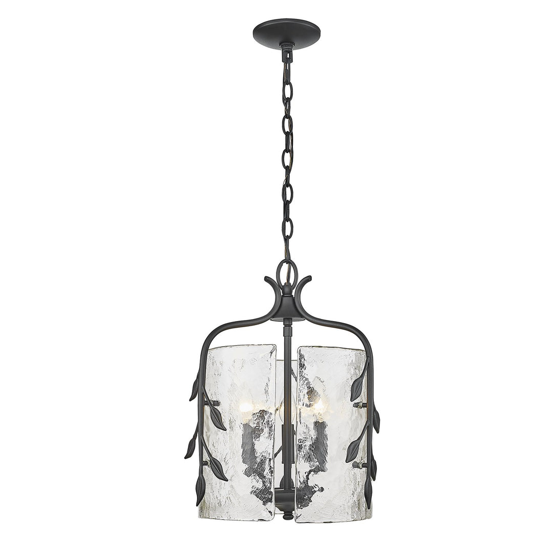 3 Light Pendant In Natural Black With Hammered Water Glass Shade