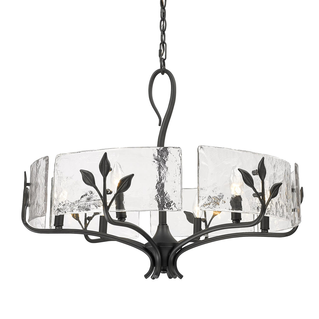 6 Light Chandelier In Natural Black With Hammered Water Glass Shade by Golden