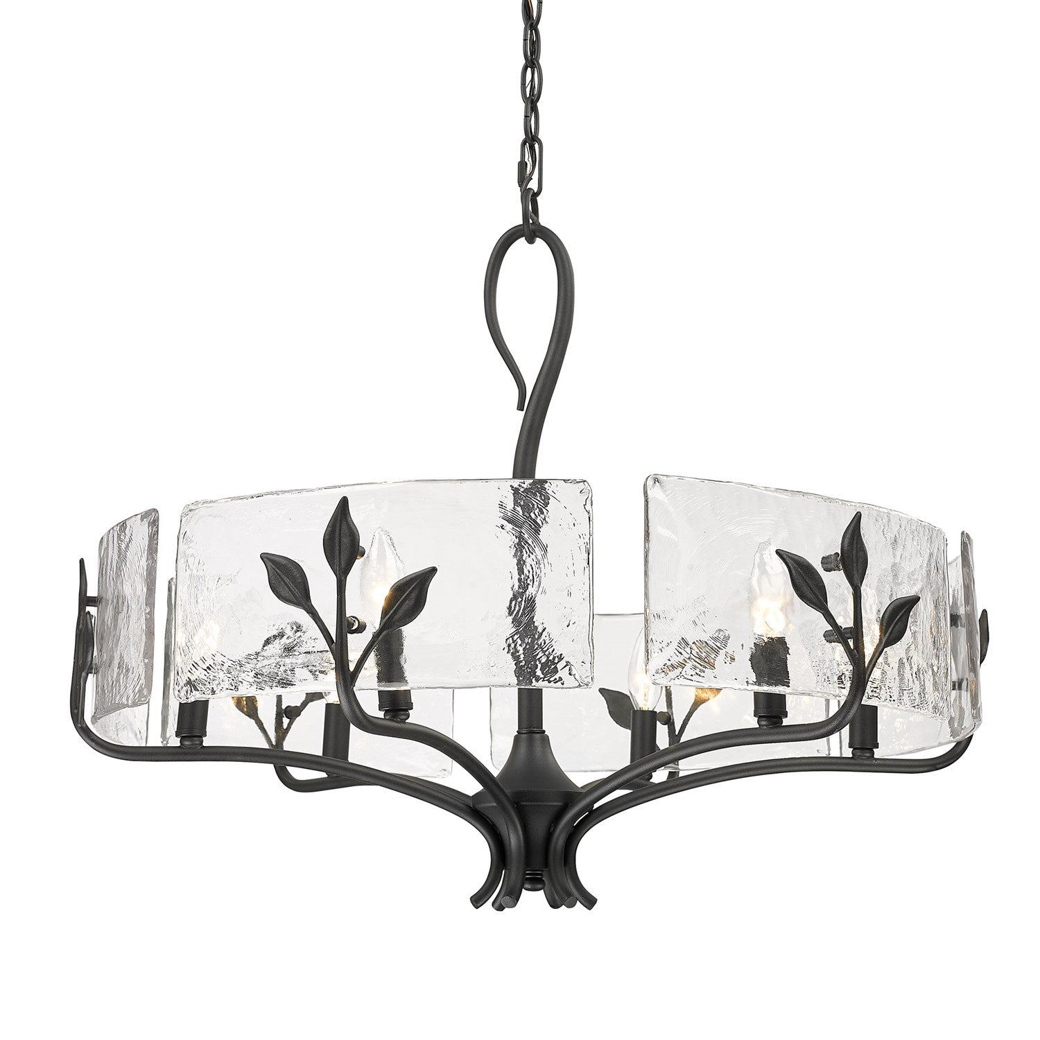 6 Light Chandelier In Natural Black With Hammered Water Glass Shade by Golden