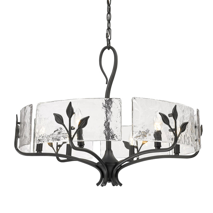 6 Light Chandelier In Natural Black With Hammered Water Glass Shade by Golden