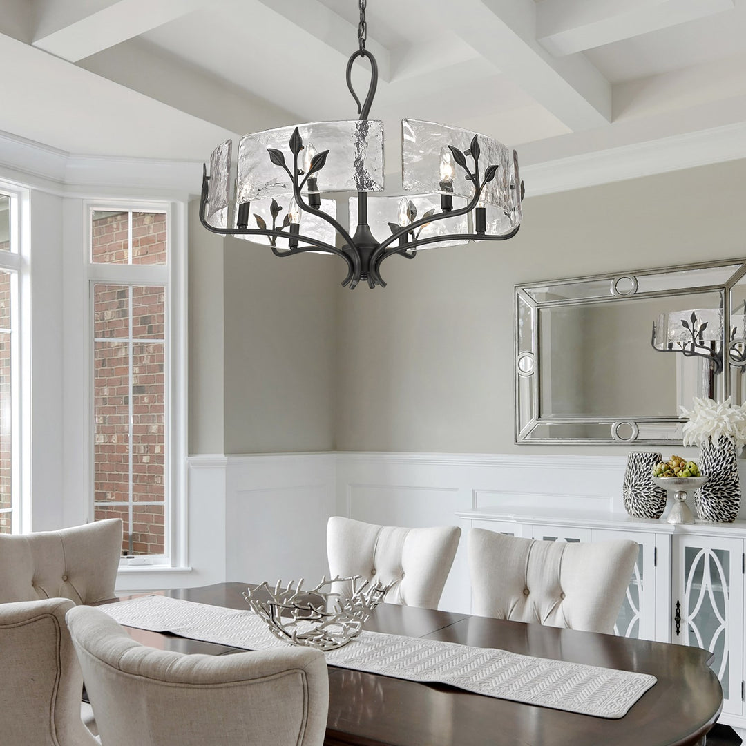6 Light Chandelier In Natural Black With Hammered Water Glass Shade