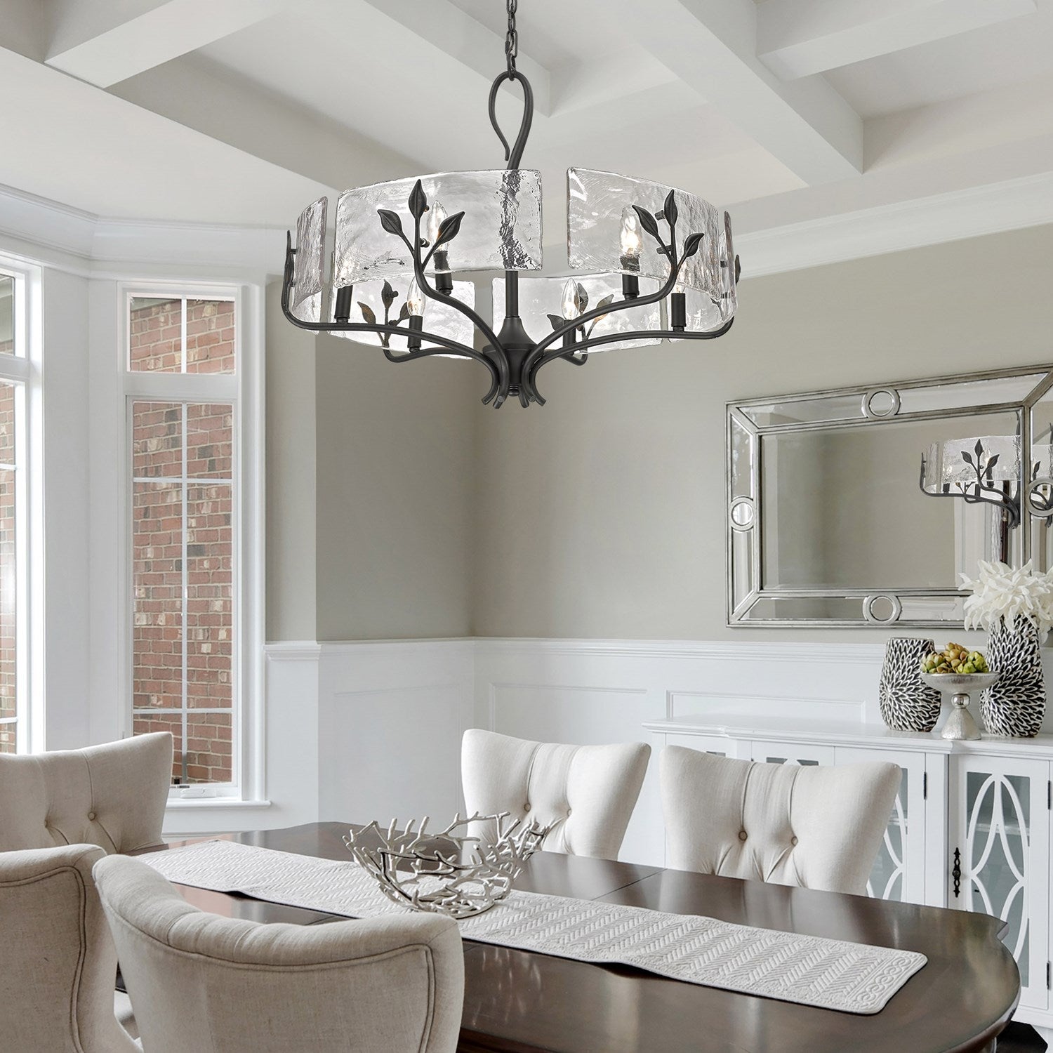 6 Light Chandelier In Natural Black With Hammered Water Glass Shade