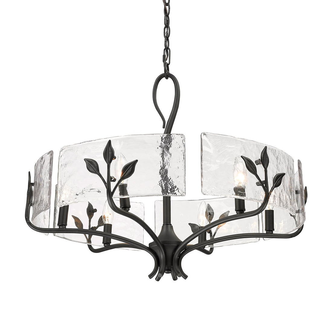 6 Light Chandelier In Natural Black With Hammered Water Glass Shade