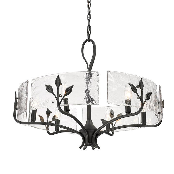 6 Light Chandelier In Natural Black With Hammered Water Glass Shade