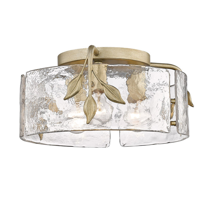 Wg 3 Light Flush Mount In White Gold With Hammered Water Glass Shade by Golden