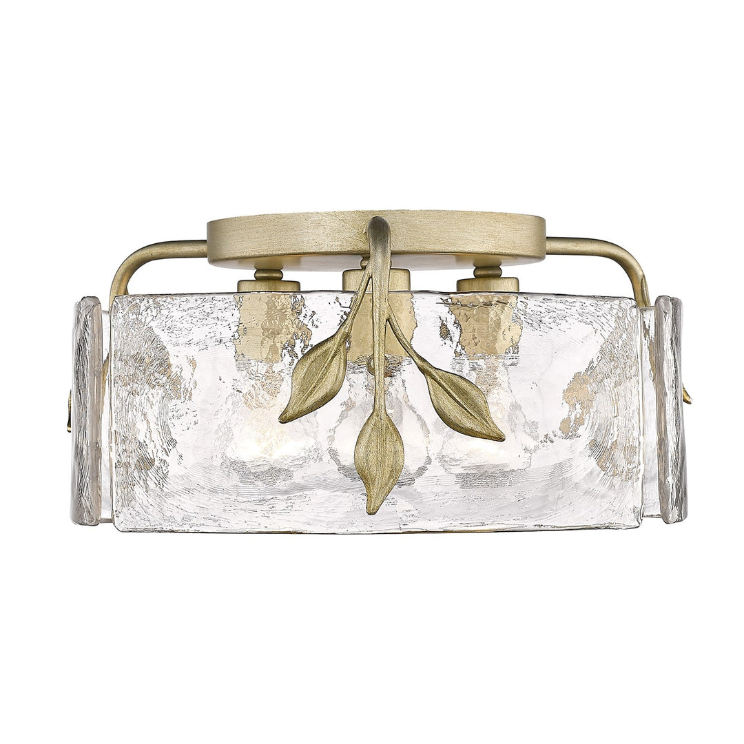 Wg 3 Light Flush Mount In White Gold With Hammered Water Glass Shade