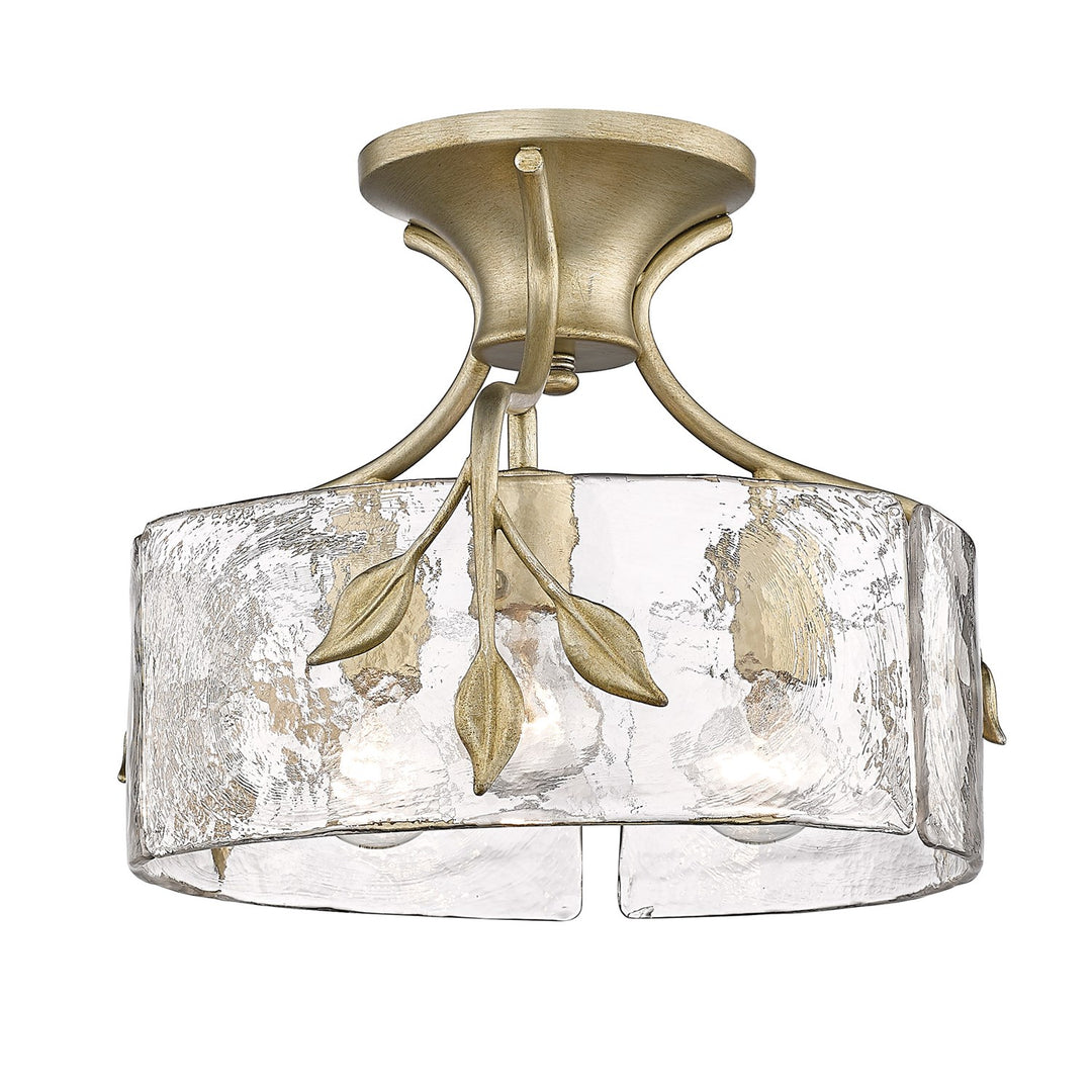 Wg 3 Light Semi-Flush In White Gold With Hammered Water Glass Shade by Golden