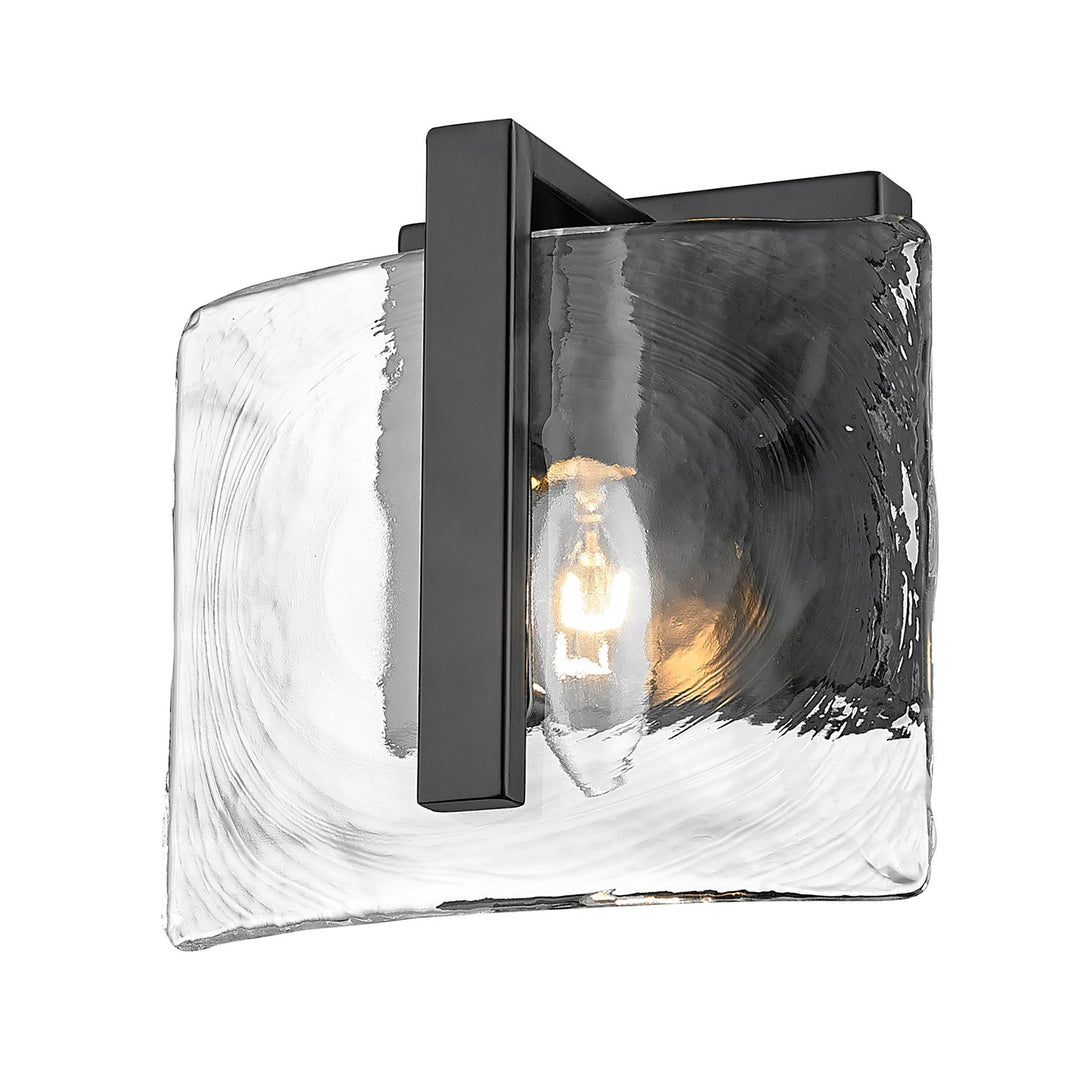 1 Light Wall Sconce In Matte Black With Hammered Water Glass Shade