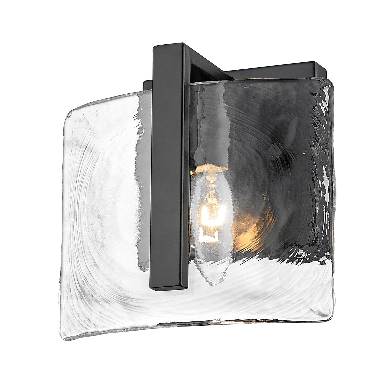 1 Light Wall Sconce In Matte Black With Hammered Water Glass Shade