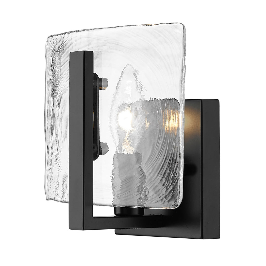 1 Light Wall Sconce In Matte Black With Hammered Water Glass Shade