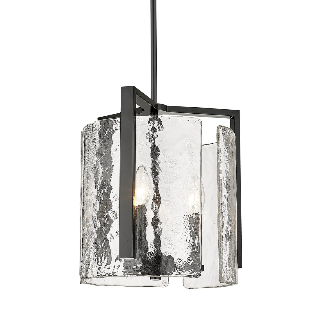 3 Light Pendant In Matte Black With Hammered Water Glass Shade by Golden
