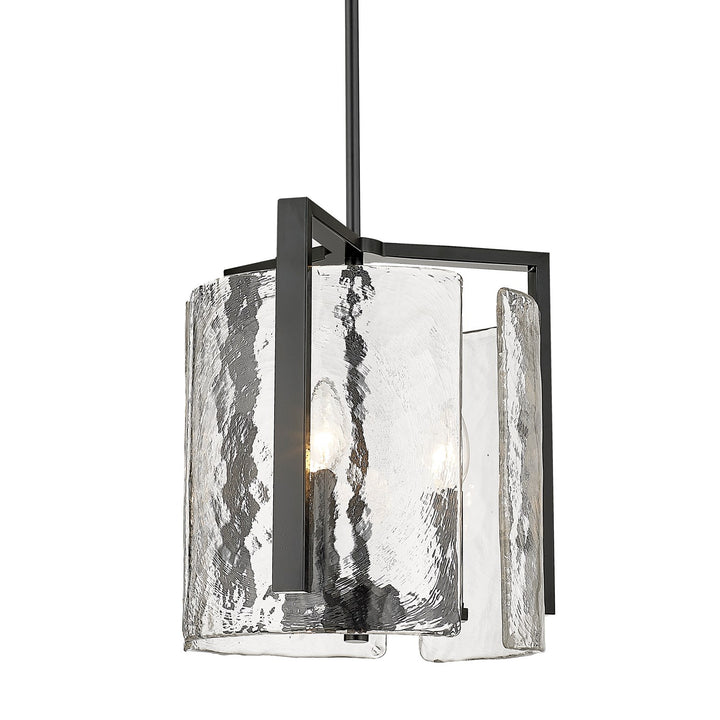 3 Light Pendant In Matte Black With Hammered Water Glass Shade by Golden