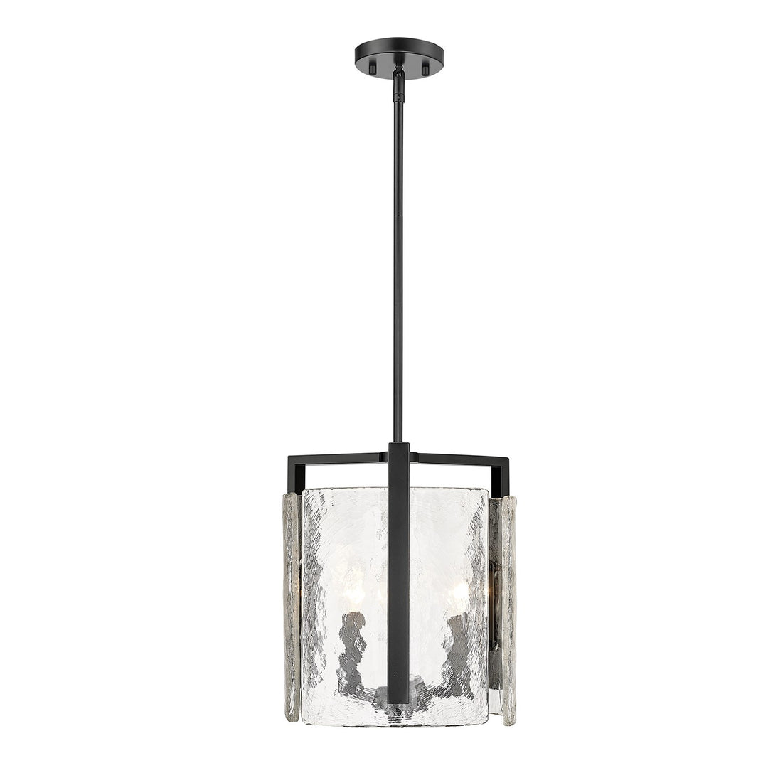3 Light Pendant In Matte Black With Hammered Water Glass Shade