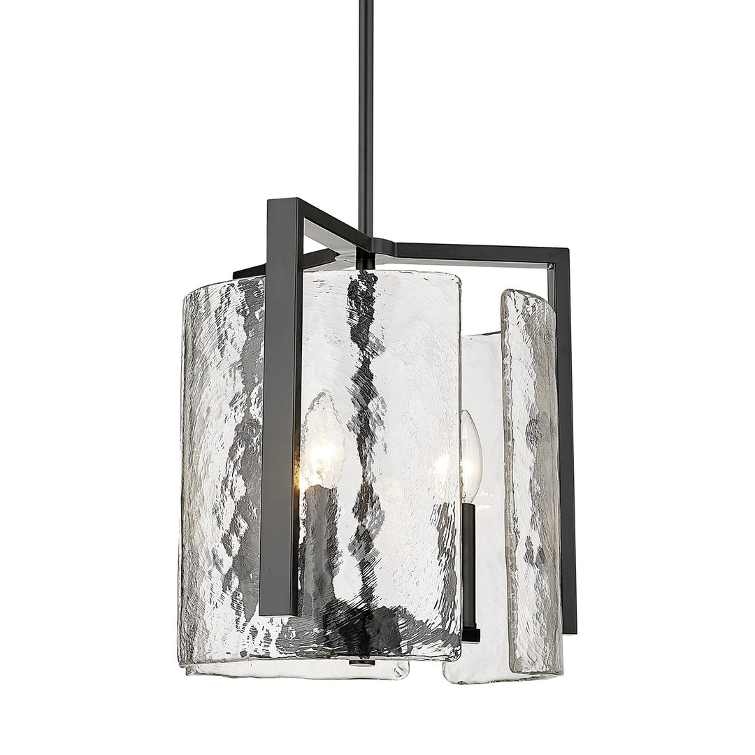 3 Light Pendant In Matte Black With Hammered Water Glass Shade