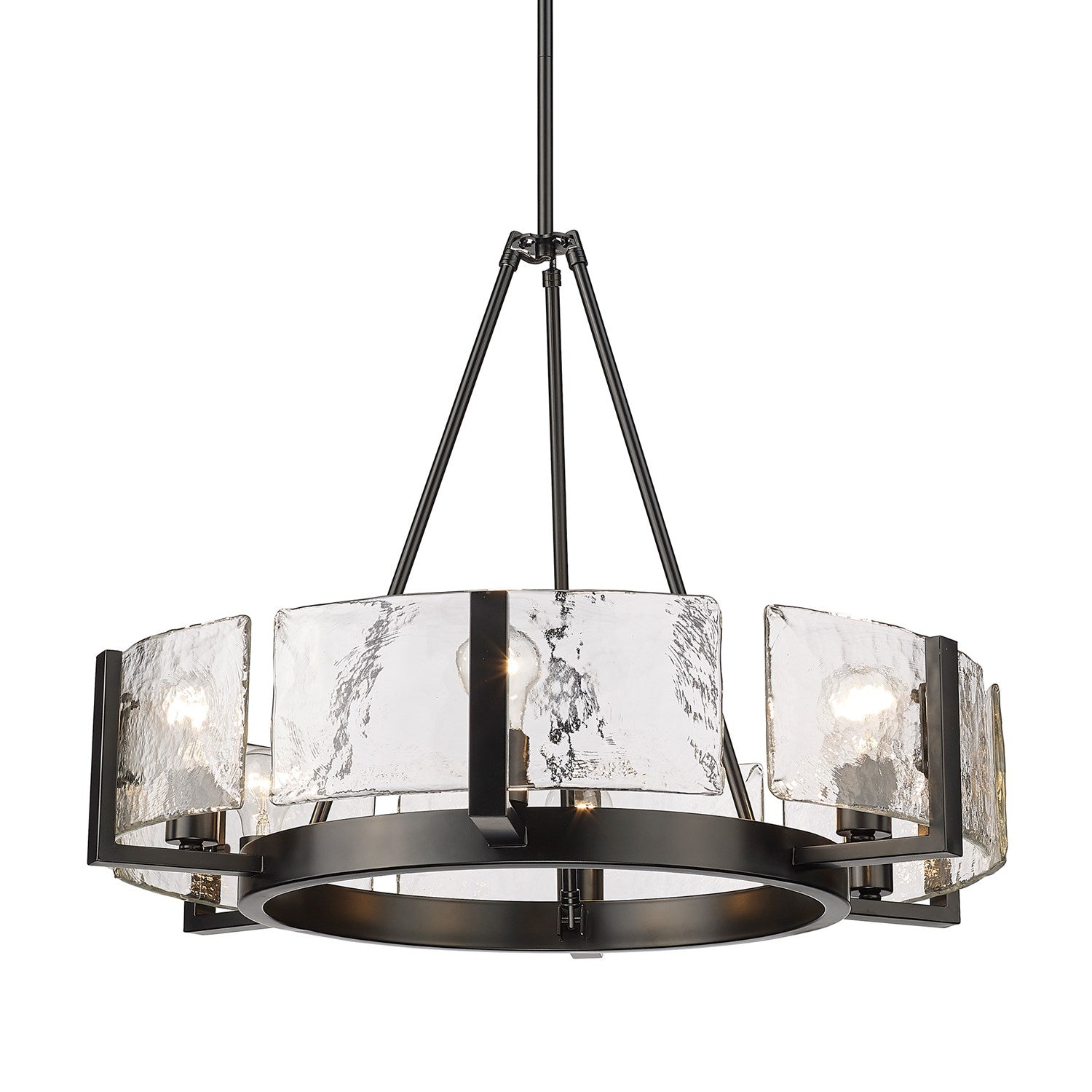 6-Light Chandelier In Matte Black With Hammered Water Glass Shade by Golden