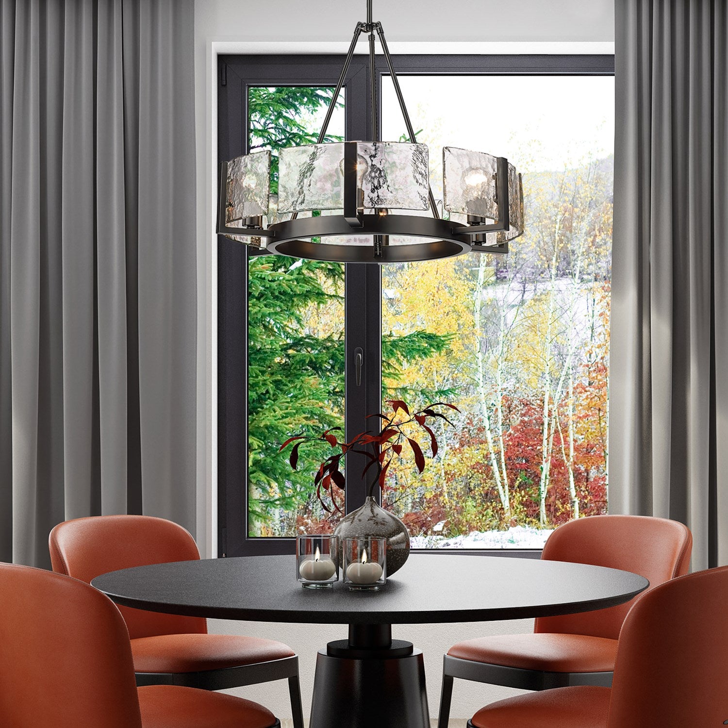 6-Light Chandelier In Matte Black With Hammered Water Glass Shade