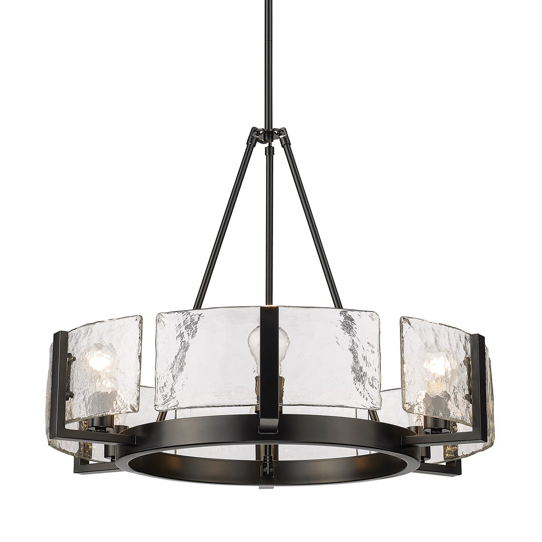 6-Light Chandelier In Matte Black With Hammered Water Glass Shade