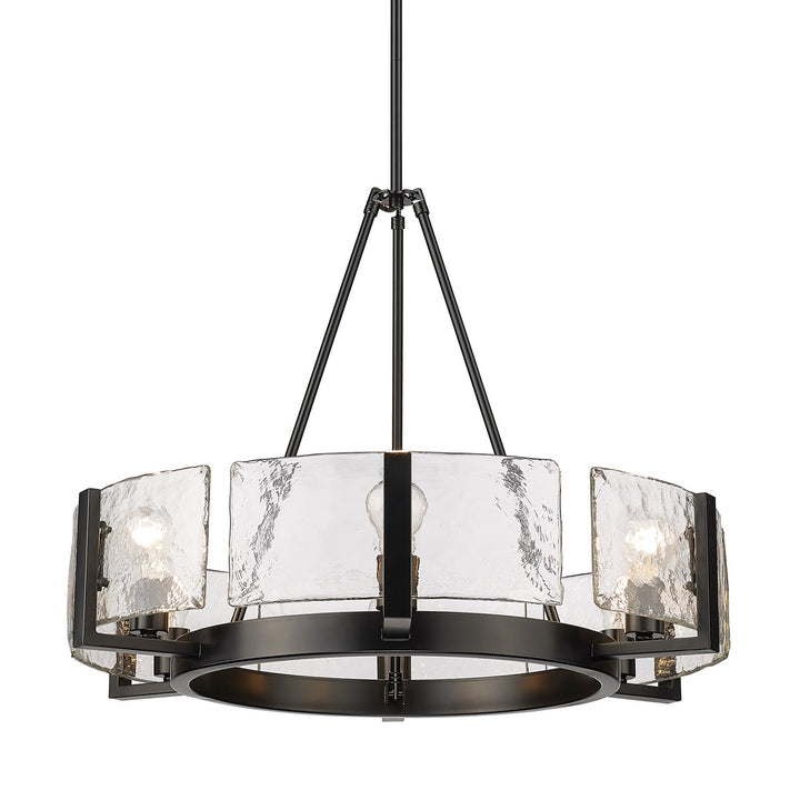 6-Light Chandelier In Matte Black With Hammered Water Glass Shade