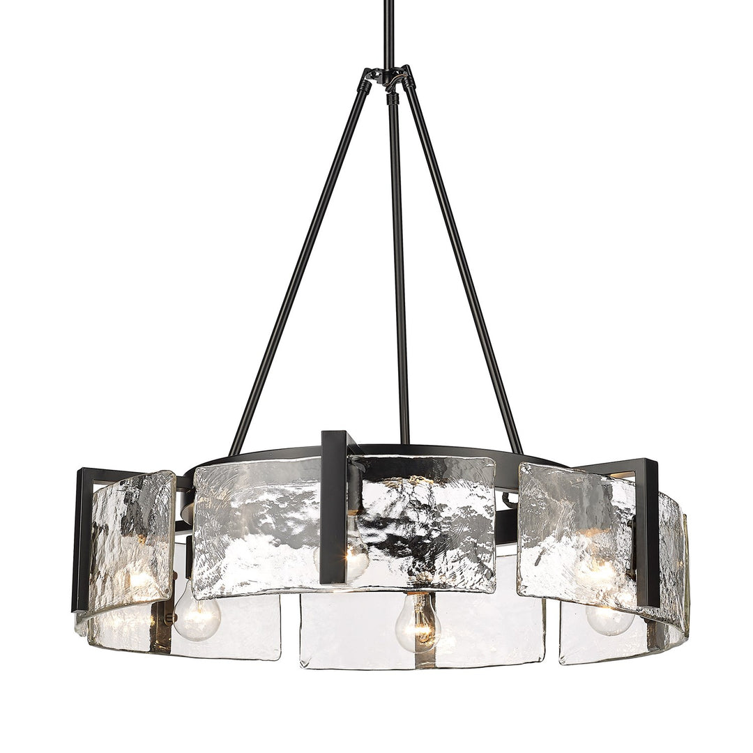 6-Light Chandelier In Matte Black With Hammered Water Glass Shade