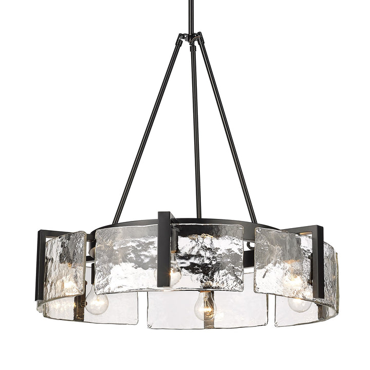6-Light Chandelier In Matte Black With Hammered Water Glass Shade