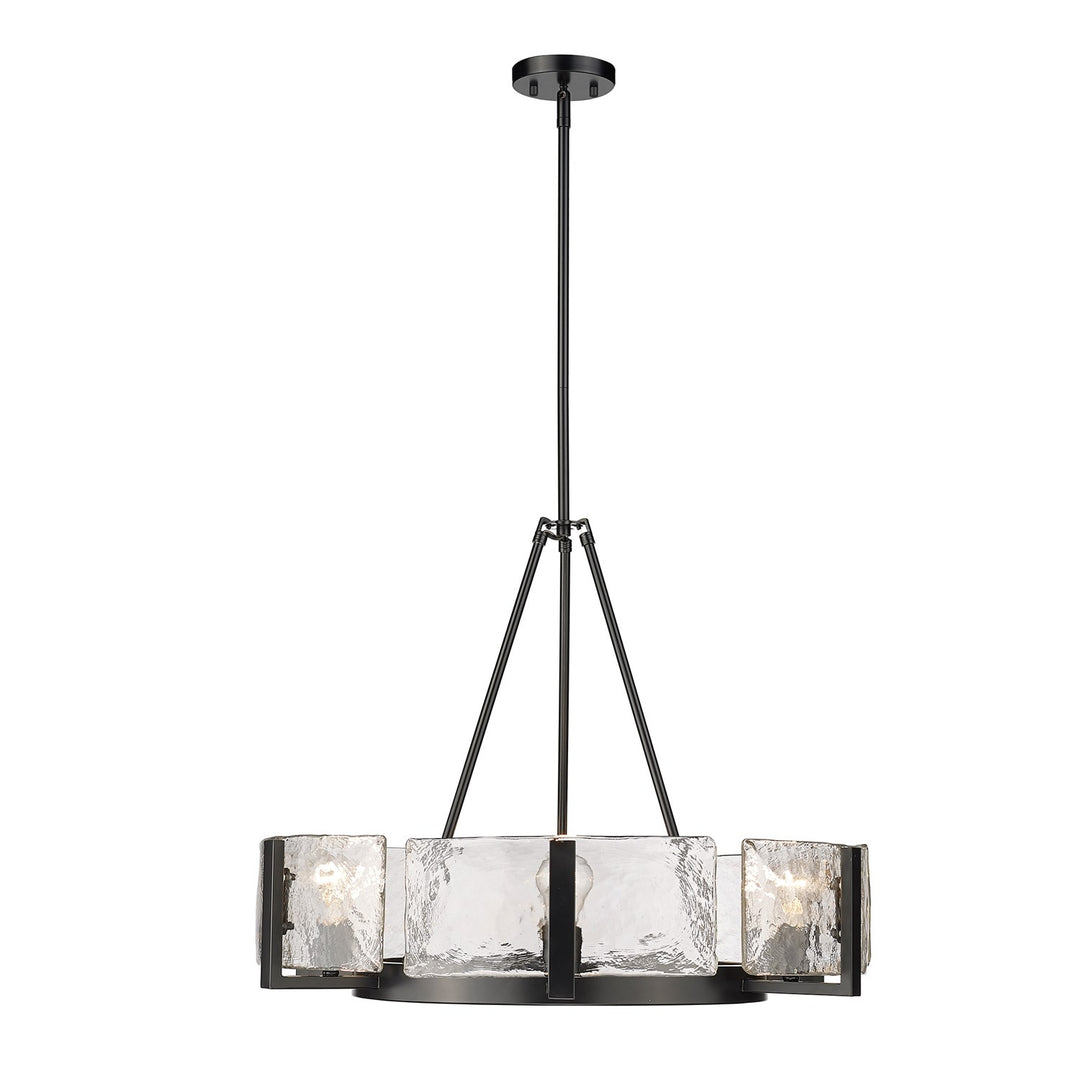 6-Light Chandelier In Matte Black With Hammered Water Glass Shade