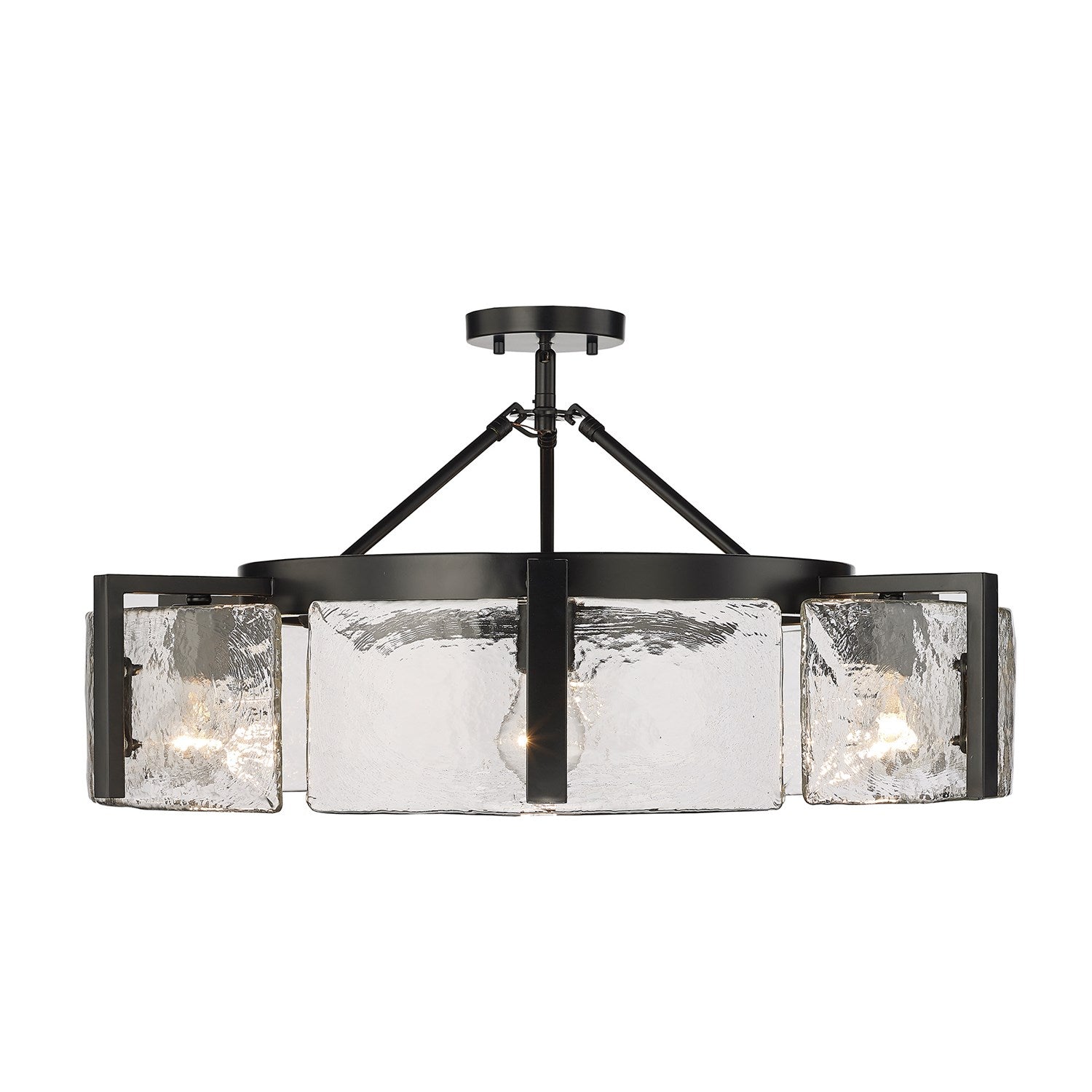 6-Light Semi-Flush In Matte Black With Hammered Water Glass Shade