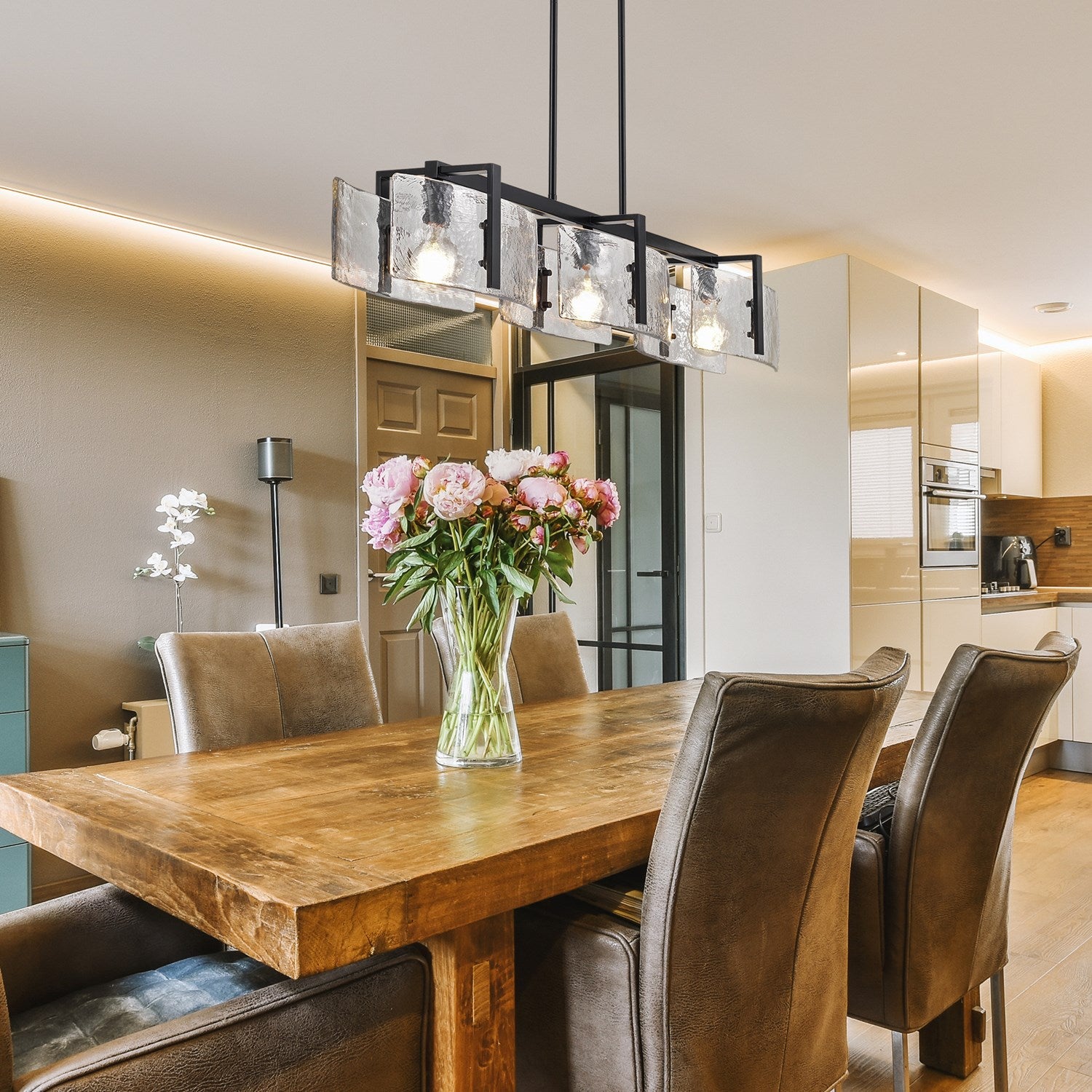 Linear Pendant In Matte Black With Hammered Water Glass Shade
