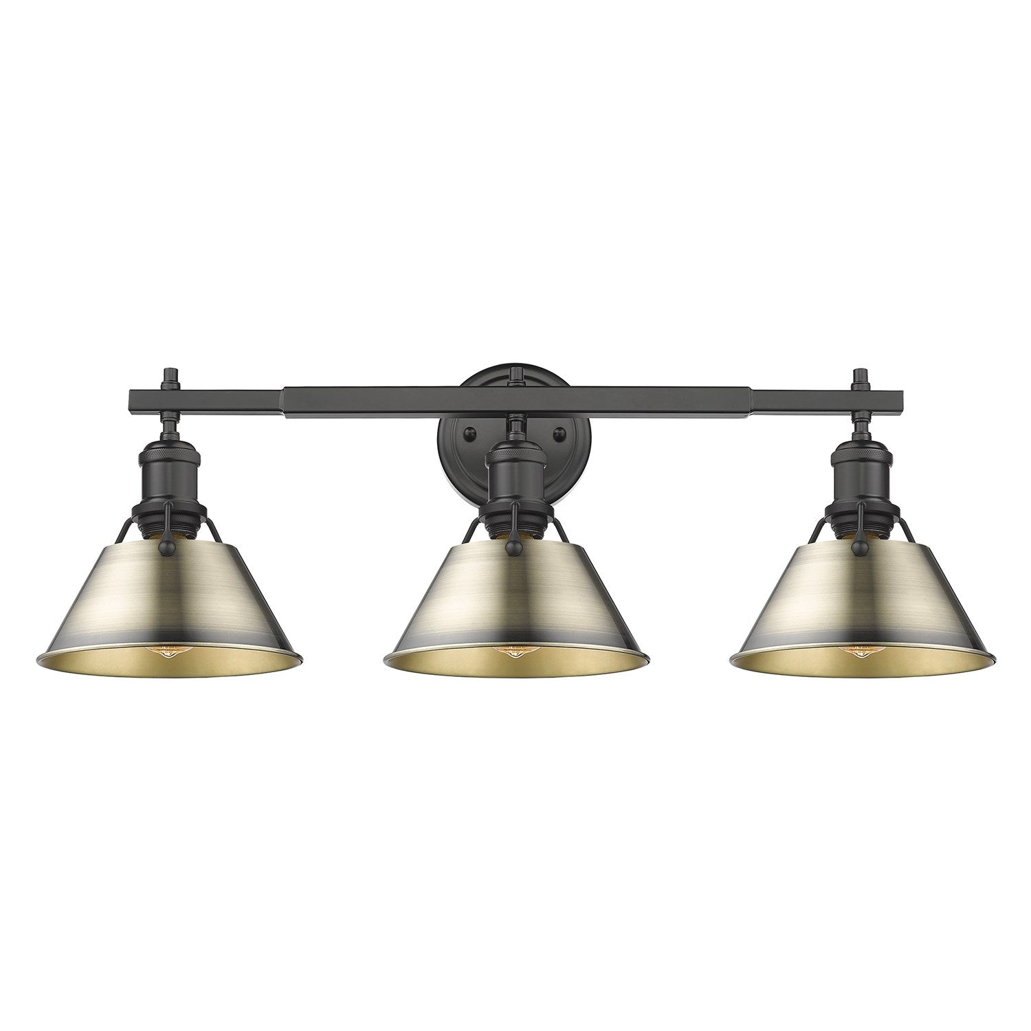 Blk 3 Light Bath Vanity In Matte Black With Aged Brass Shades by Golden