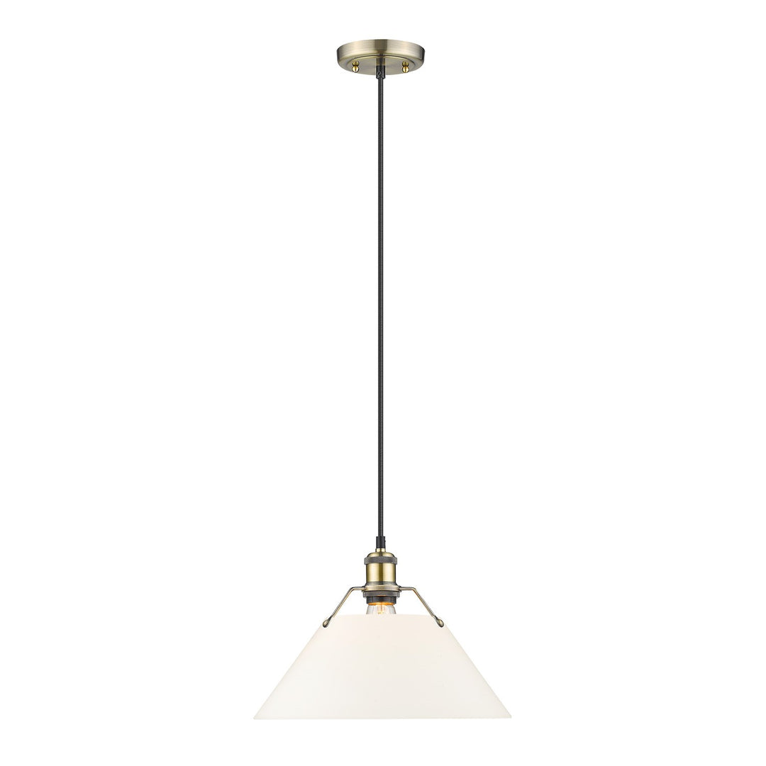 Ab Large Pendant - 14" In Aged Brass With Opal Glass by Golden