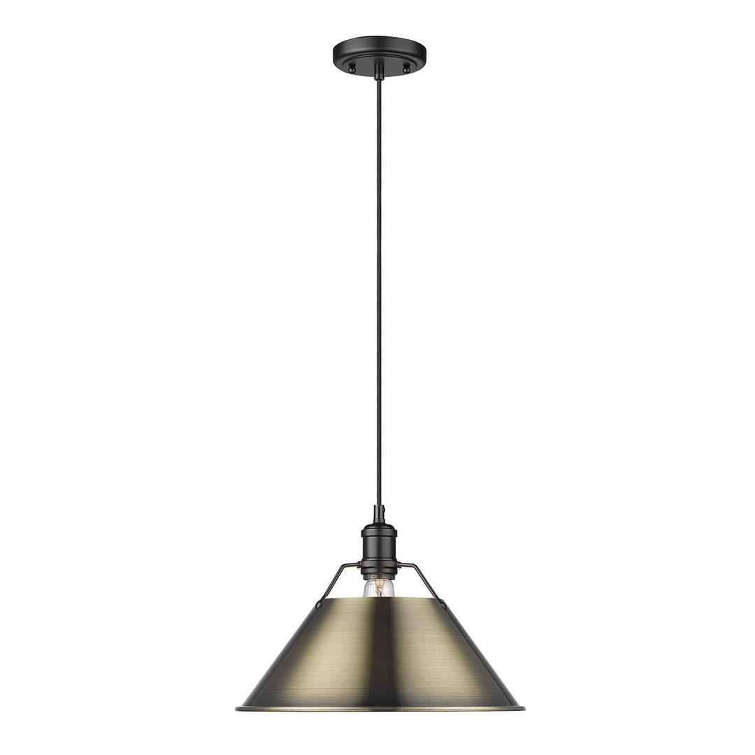 Blk Large Pendant - 14" In Matte Black With Aged Brass Shade by Golden