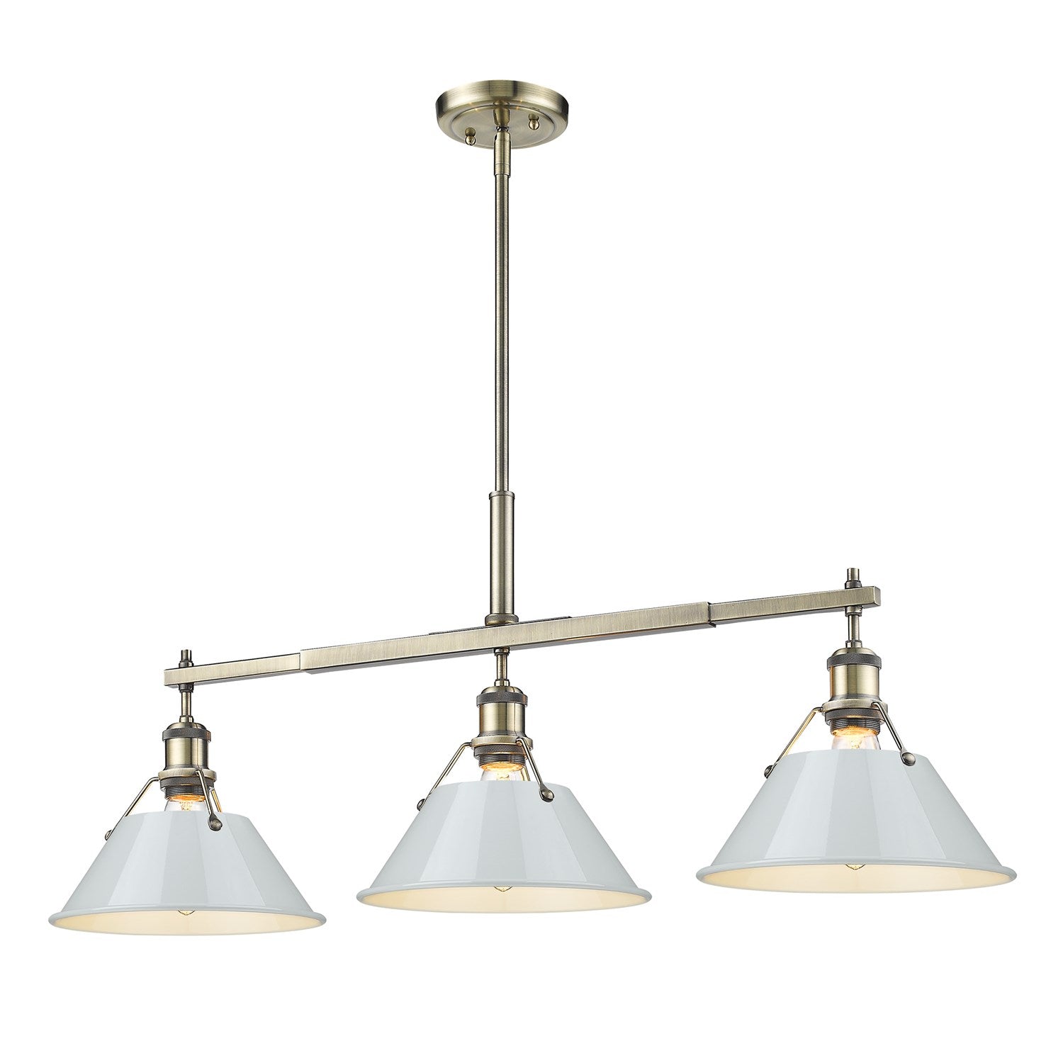 Ab 3 Light Linear Pendant In Aged Brass With Dusky Blue Shades