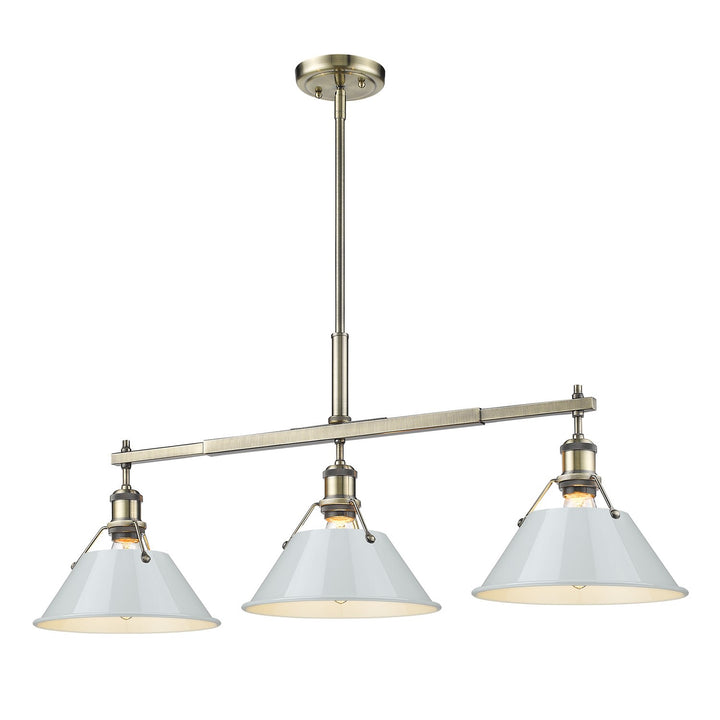 Ab 3 Light Linear Pendant In Aged Brass With Dusky Blue Shades