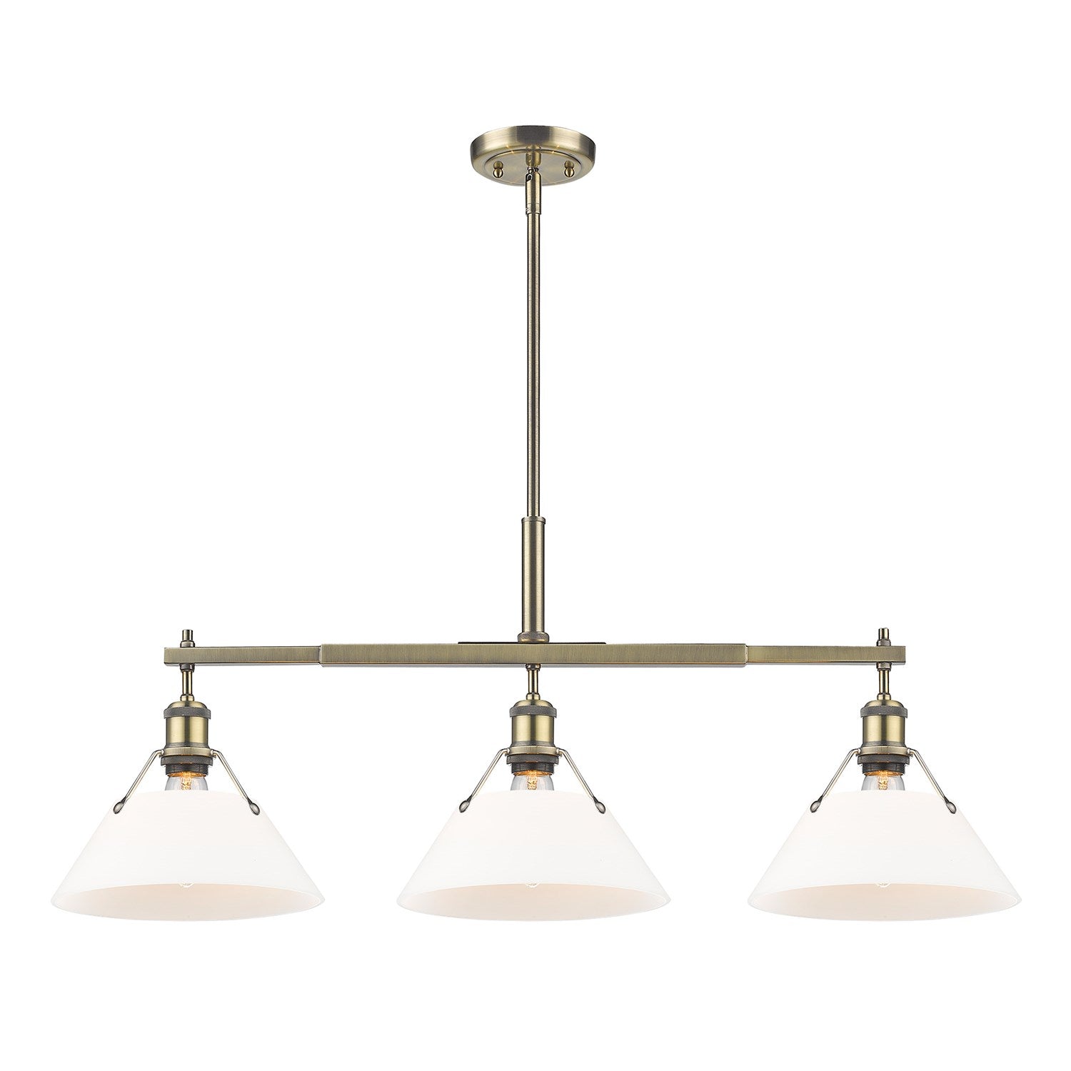 Ab 3 Light Linear Pendant In Aged Brass With Opal Glass by Golden