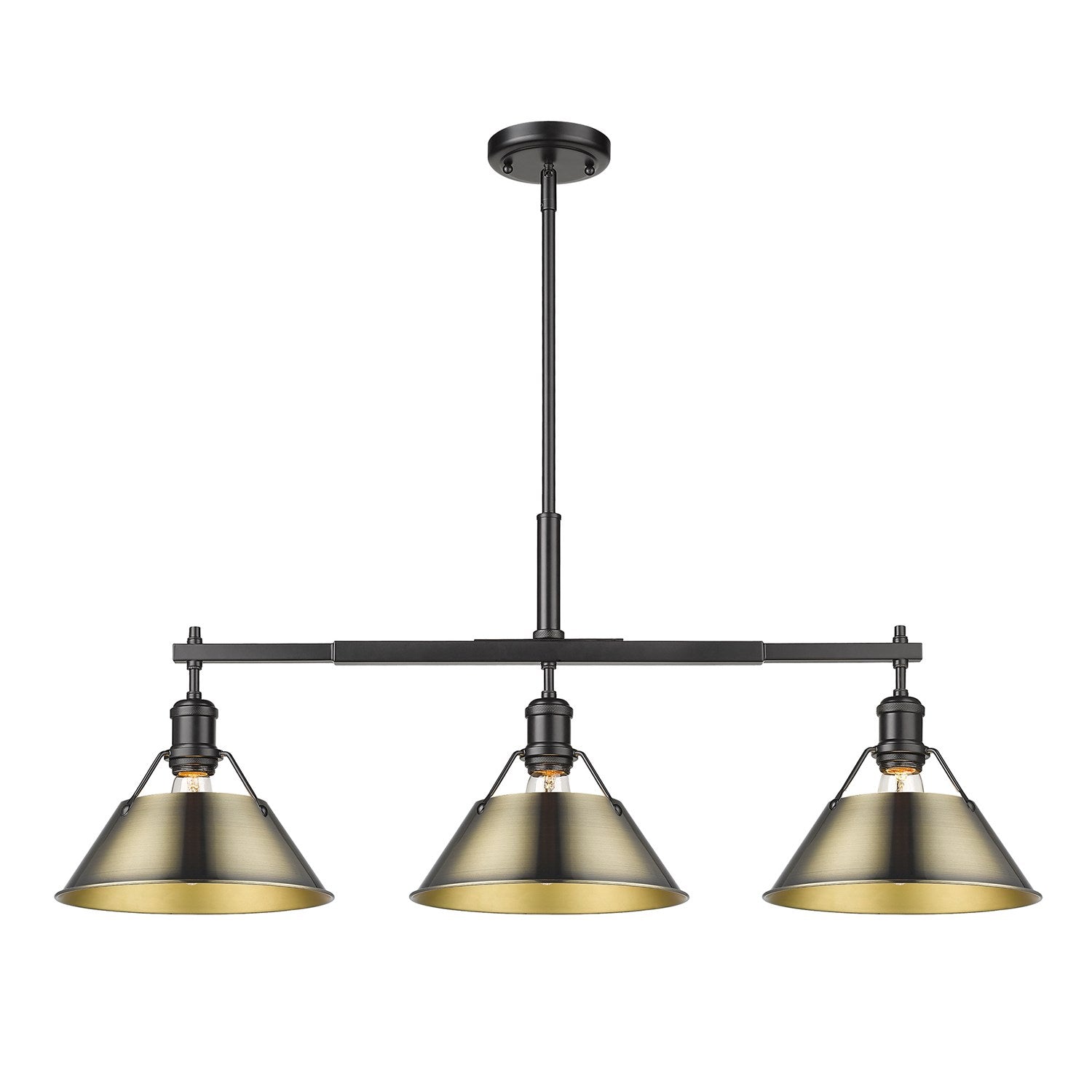 Blk 3 Light Linear Pendant In Matte Black With Aged Brass Shades by Golden
