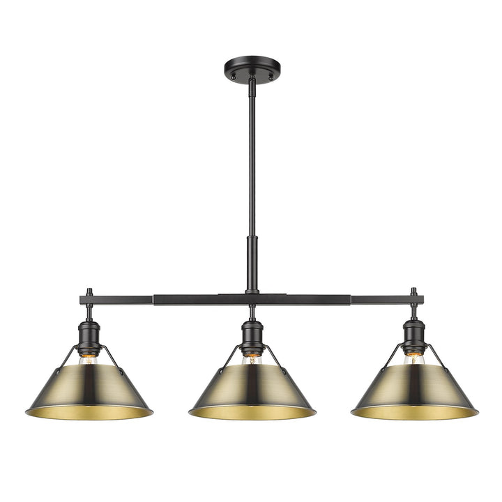 Blk 3 Light Linear Pendant In Matte Black With Aged Brass Shades by Golden